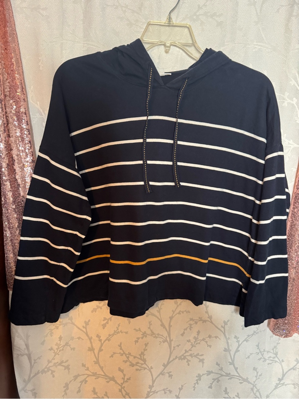 J. Jill Navy Hoodie with White and Mustard Stripes